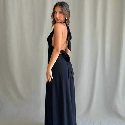 Flowing Backless Tie-Up Halter V-neck Dress - Lunacy Deals & Designs