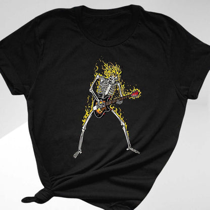 Guitar Playing Skeleton on Fire Graphic T-Shirt - Lunacy Deals & Designs