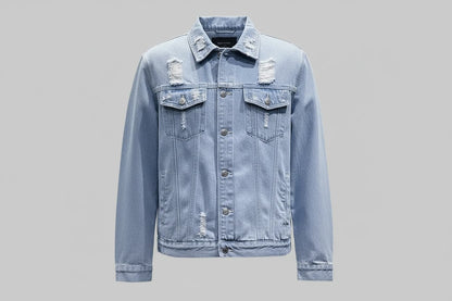 Light blue denim jacket with distressed details on a gray background
