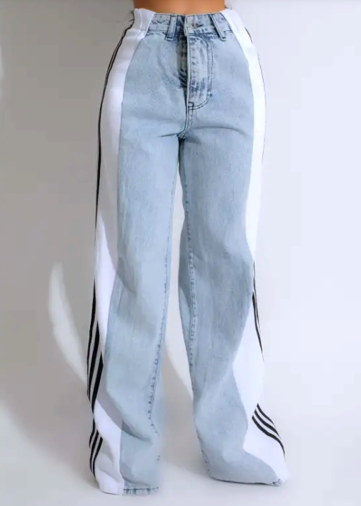 Women's Striped High Waist Straight Leg Denim Pants