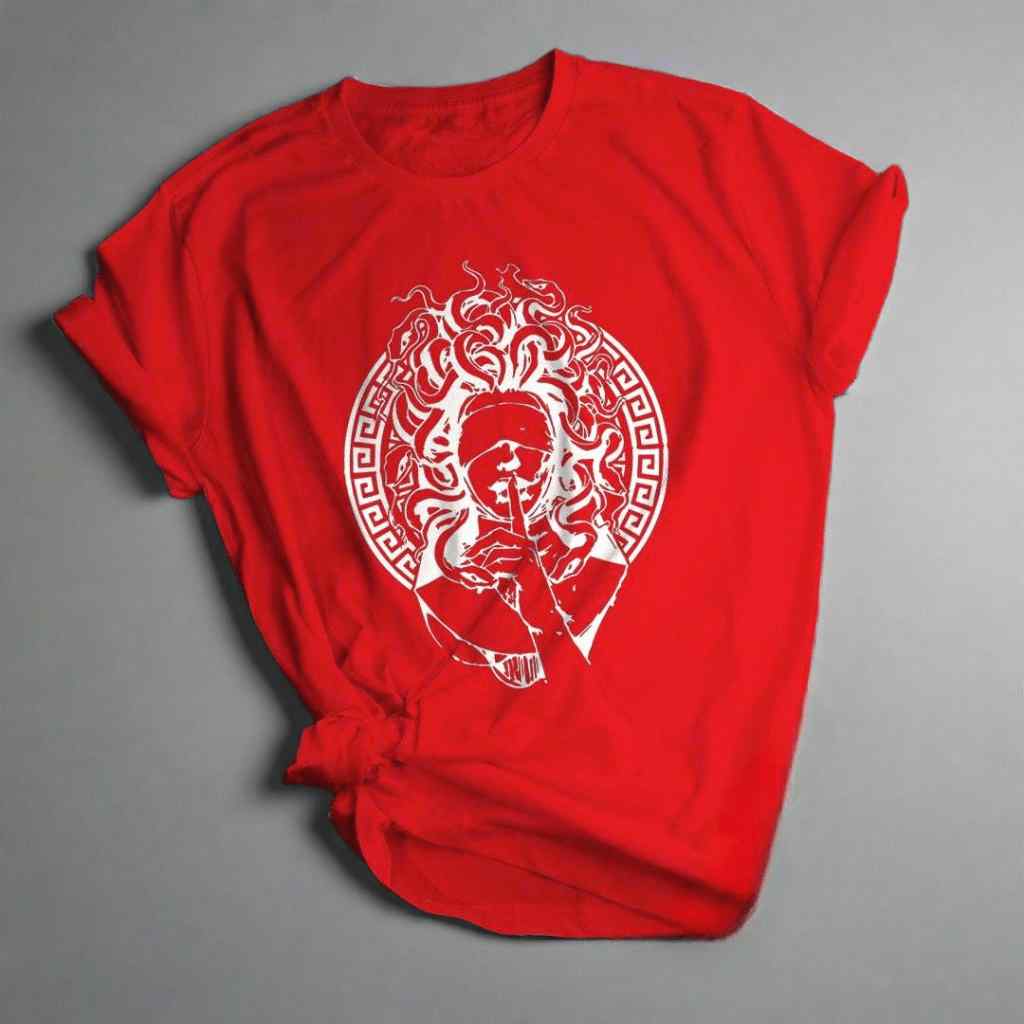 Red t-shirt with white graphic design on a gray background