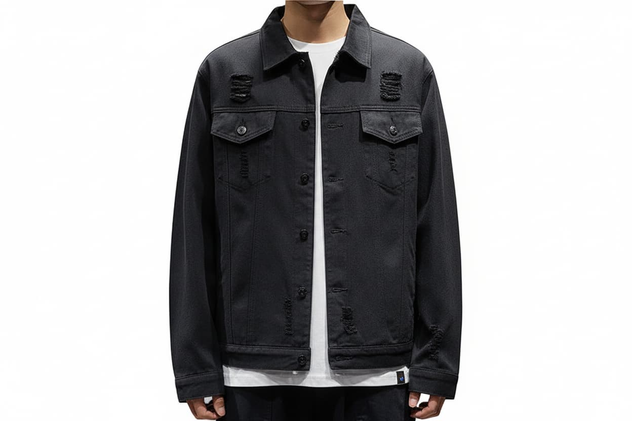 Black distressed jacket worn by a person on a white background