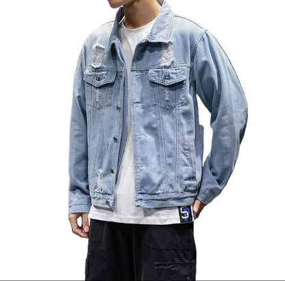 Light blue denim jacket with distressed details on a white background