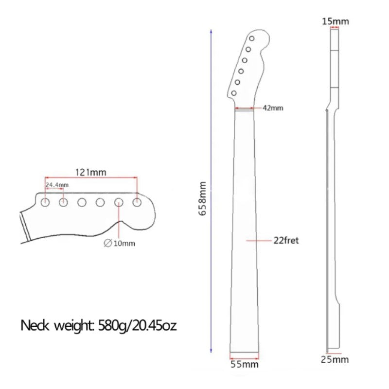 Technical diagram of a guitar neck with measurements on a white background