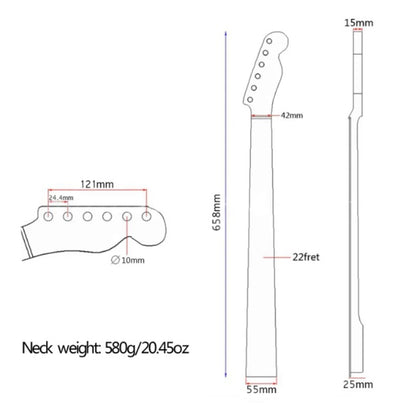 Technical diagram of a guitar neck with measurements on a white background