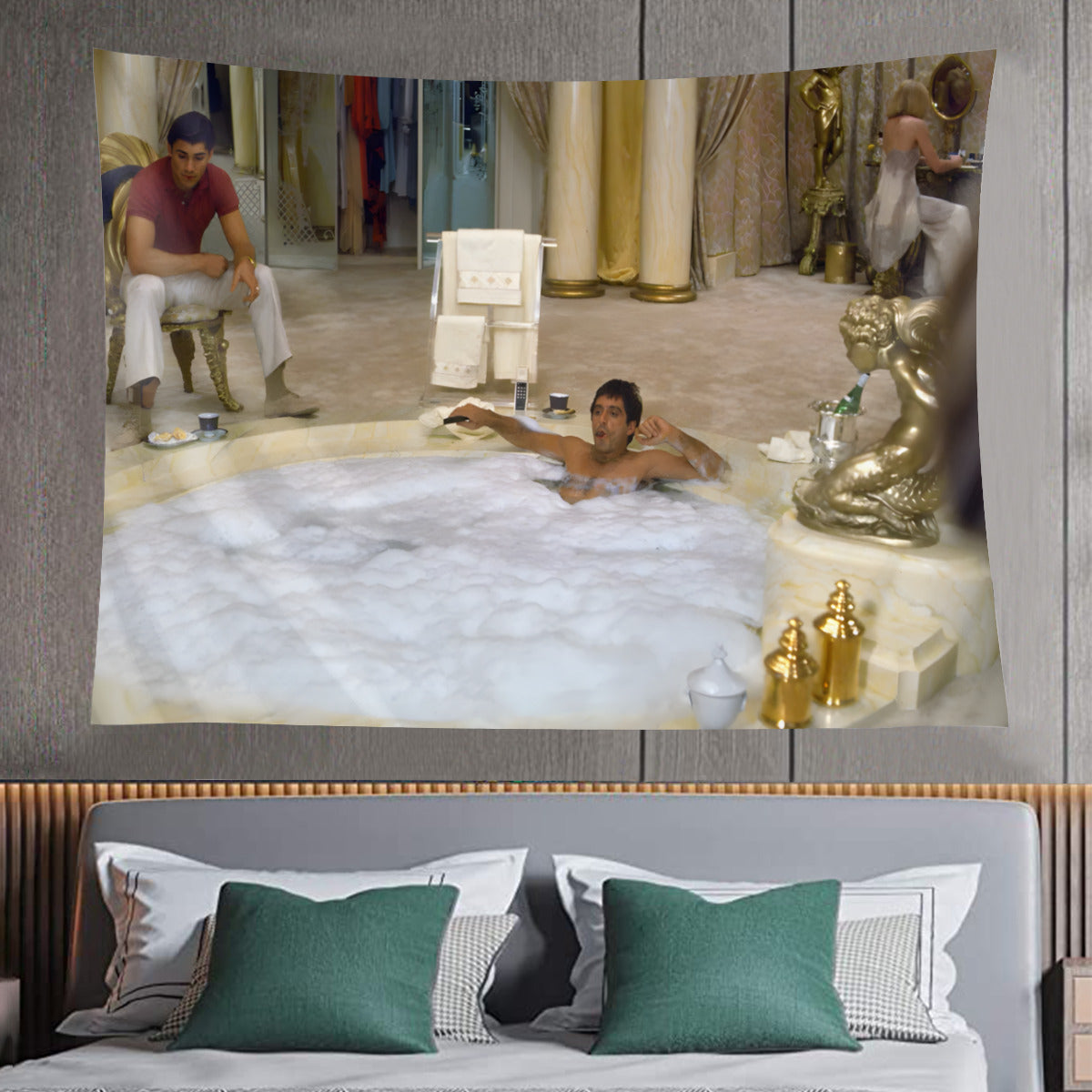 Tapestry of a man relaxing in a bathtub with decorative elements in a bedroom setting.