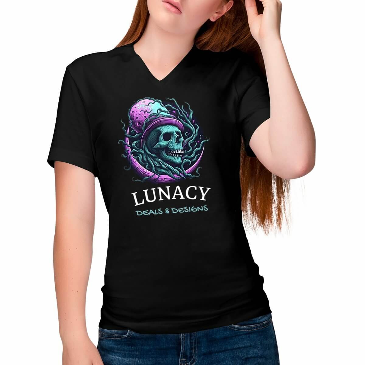 woman in a Lunacy Deals & Designs Cotton V-Neck T-Shirt -  black