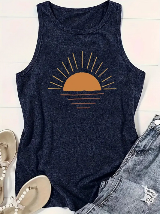 Navy tank top with a sun graphic on a white surface with denim shorts and sandals.