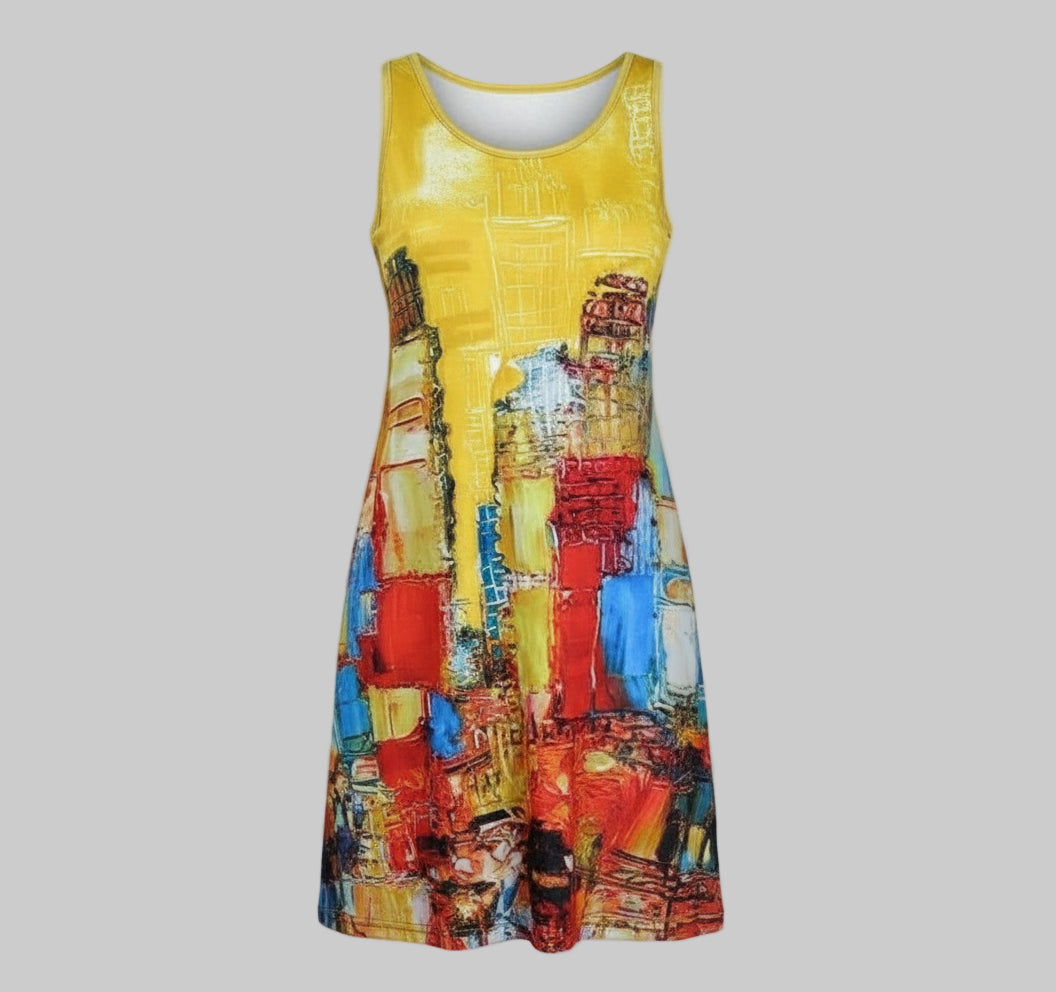 a colorful dress with abstract design against a plain background